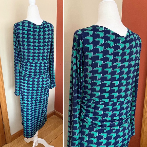 Onjenu London Stretchy Draped Geometric Pattern Blue Green Faux Wrap Dress Sz 10 - Picture 3 of 6